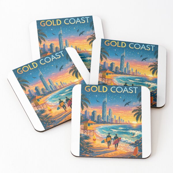 Item preview, Gold Coast Beach Sunset with Surfers, Skyscrapers, and Lifeguard Tower in Queensland, Australia designed and sold by Aryabek.
