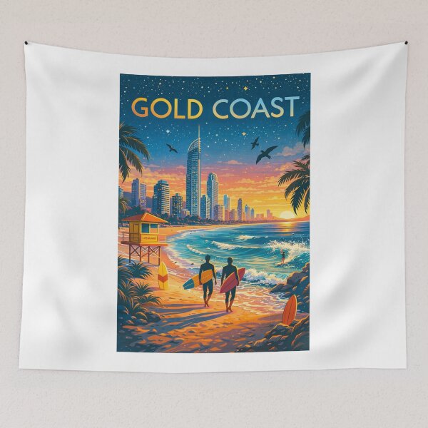 Item preview, Gold Coast Beach Sunset with Surfers, Skyscrapers, and Lifeguard Tower in Queensland, Australia designed and sold by Aryabek.