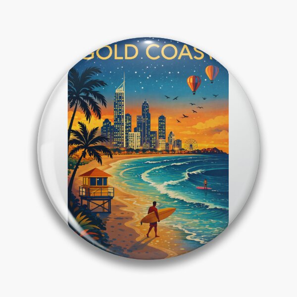 Item preview, Gold Coast Skyline and Beachfront with Surfers, Lifeguard Tower, and Hot Air Balloons at Sunrise in Queensland, Australia designed and sold by Aryabek.