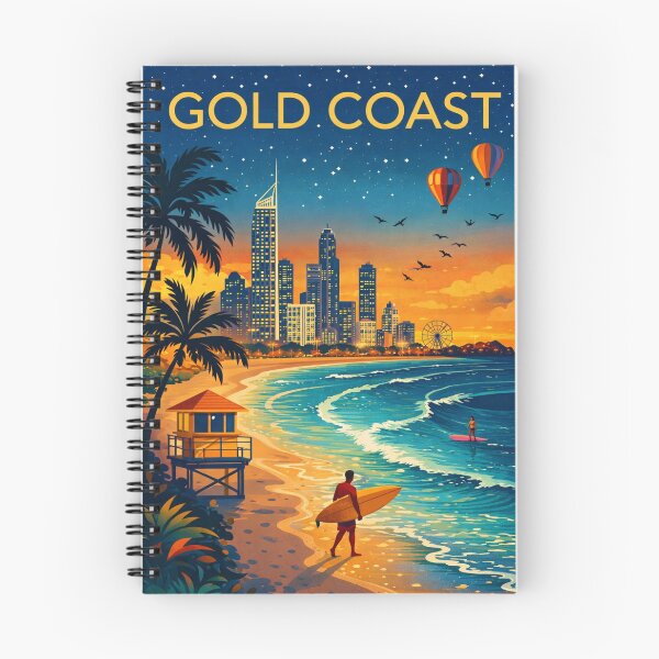 Item preview, Gold Coast Skyline and Beachfront with Surfers, Lifeguard Tower, and Hot Air Balloons at Sunrise in Queensland, Australia designed and sold by Aryabek.
