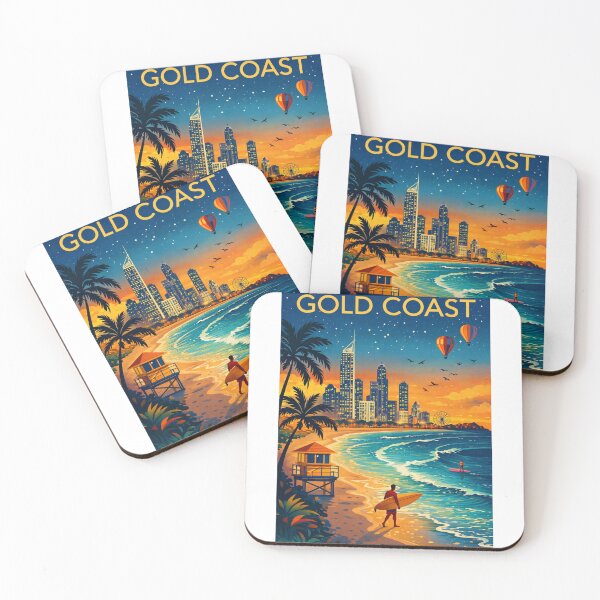 Item preview, Gold Coast Skyline and Beachfront with Surfers, Lifeguard Tower, and Hot Air Balloons at Sunrise in Queensland, Australia designed and sold by Aryabek.