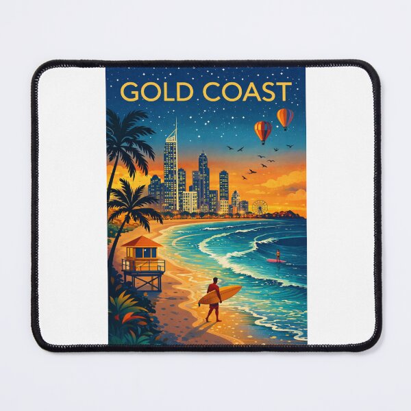 Item preview, Gold Coast Skyline and Beachfront with Surfers, Lifeguard Tower, and Hot Air Balloons at Sunrise in Queensland, Australia designed and sold by Aryabek.