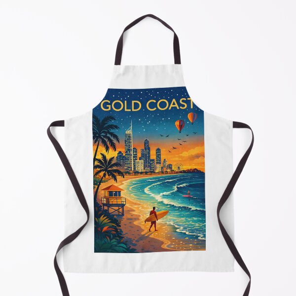 Item preview, Gold Coast Skyline and Beachfront with Surfers, Lifeguard Tower, and Hot Air Balloons at Sunrise in Queensland, Australia designed and sold by Aryabek.