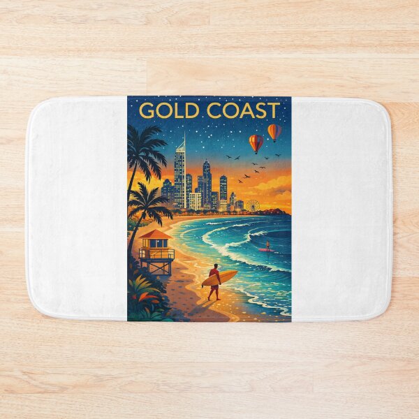 Item preview, Gold Coast Skyline and Beachfront with Surfers, Lifeguard Tower, and Hot Air Balloons at Sunrise in Queensland, Australia designed and sold by Aryabek.