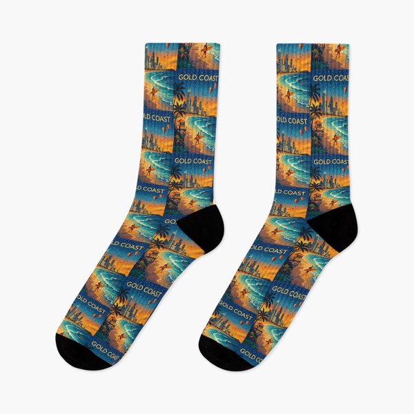 Item preview, Gold Coast Skyline and Beachfront with Surfers, Lifeguard Tower, and Hot Air Balloons at Sunrise in Queensland, Australia designed and sold by Aryabek.