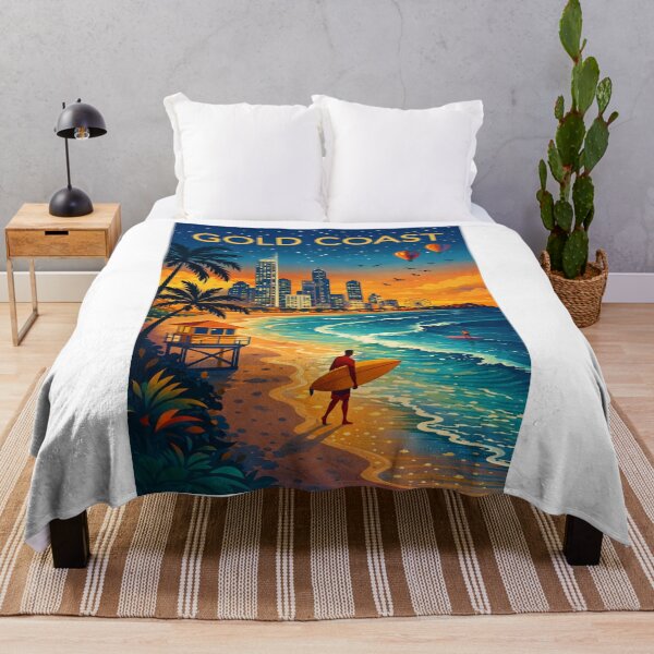 Item preview, Gold Coast Skyline and Beachfront with Surfers, Lifeguard Tower, and Hot Air Balloons at Sunrise in Queensland, Australia designed and sold by Aryabek.