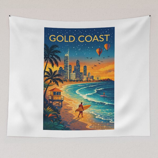 Item preview, Gold Coast Skyline and Beachfront with Surfers, Lifeguard Tower, and Hot Air Balloons at Sunrise in Queensland, Australia designed and sold by Aryabek.