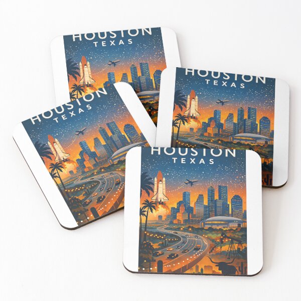 Item preview, Houston Texas Skyline at Sunset with Space Shuttle, Stadium, Oil Rig and Freeway in United States designed and sold by Aryabek.