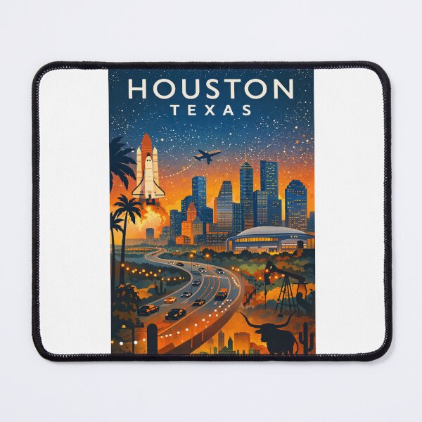 Item preview, Houston Texas Skyline at Sunset with Space Shuttle, Stadium, Oil Rig and Freeway in United States designed and sold by Aryabek.