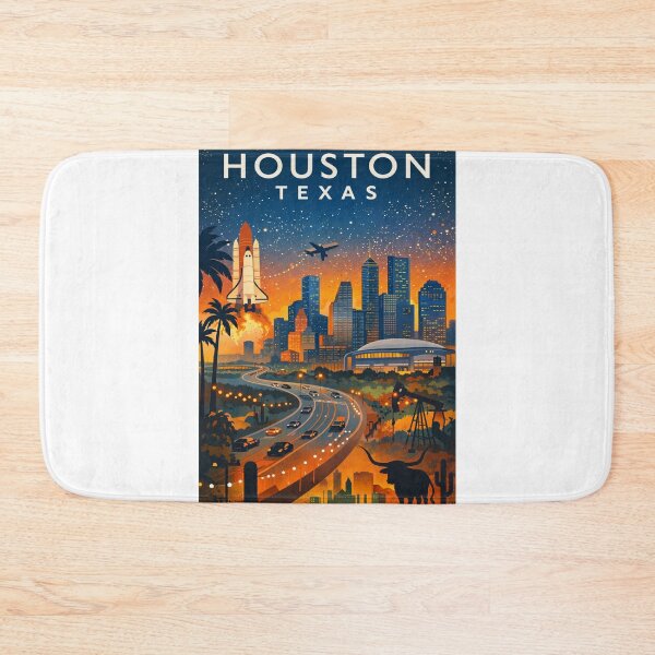 Item preview, Houston Texas Skyline at Sunset with Space Shuttle, Stadium, Oil Rig and Freeway in United States designed and sold by Aryabek.