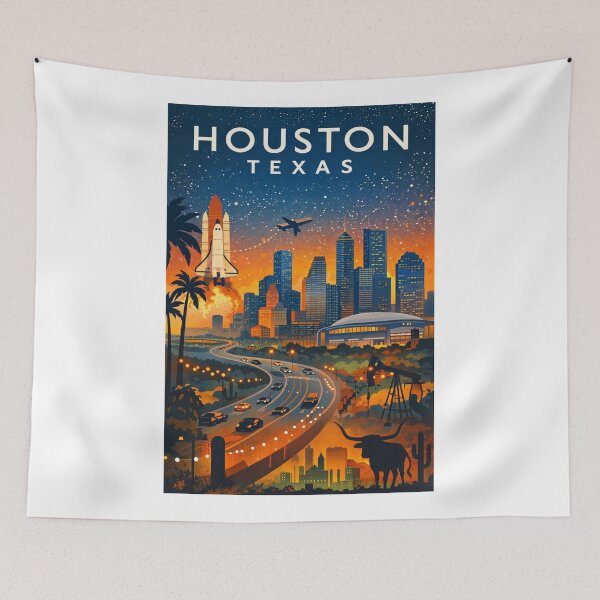 Item preview, Houston Texas Skyline at Sunset with Space Shuttle, Stadium, Oil Rig and Freeway in United States designed and sold by Aryabek.