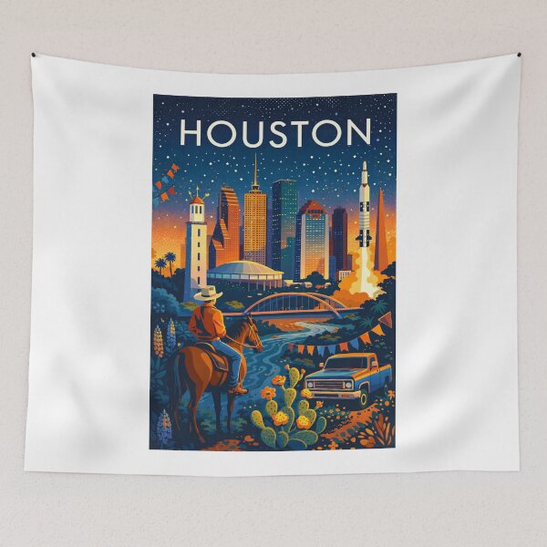 Item preview, Houston Cityscape with Horse Rider, Rockets, Skyline and Bayou Bridge in Texas, United States designed and sold by Aryabek.