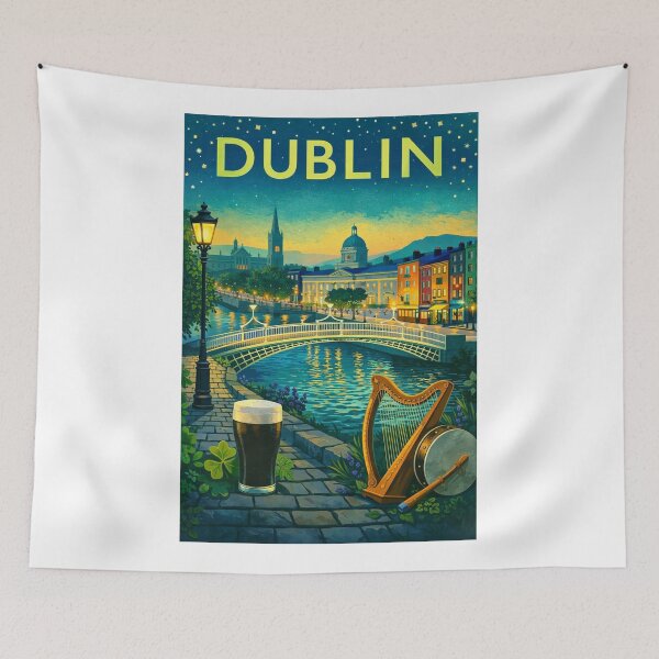 Item preview, Dublin Riverfront Night View with Ha'penny Bridge, Georgian Buildings, and Custom House in Ireland designed and sold by Aryabek.