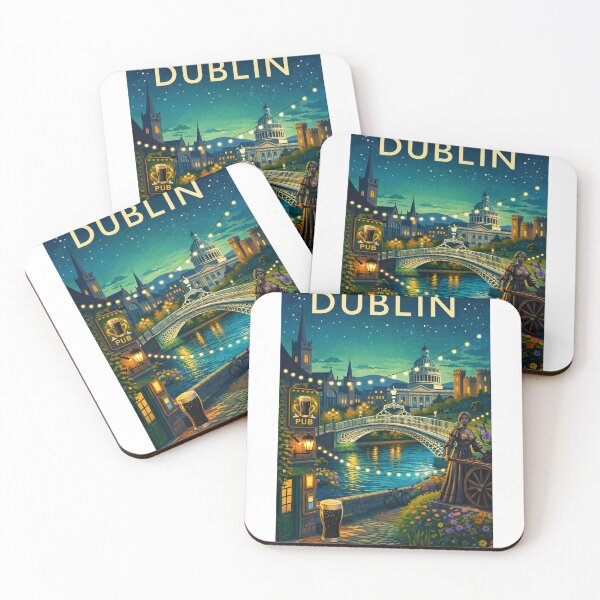Item preview, Dublin Night Scene with Ha'penny Bridge, Custom House, and Pub Lanterns in Ireland designed and sold by Aryabek.