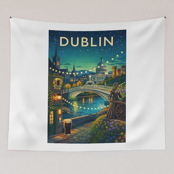 Item preview, Dublin Night Scene with Ha'penny Bridge, Custom House, and Pub Lanterns in Ireland designed and sold by Aryabek.
