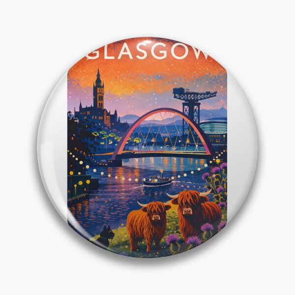 Item preview, Glasgow River Clyde Sunset with Clyde Arc, Finnieston Crane, City Chambers and Highland Cows in Scotland designed and sold by Aryabek.