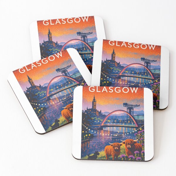 Item preview, Glasgow River Clyde Sunset with Clyde Arc, Finnieston Crane, City Chambers and Highland Cows in Scotland designed and sold by Aryabek.
