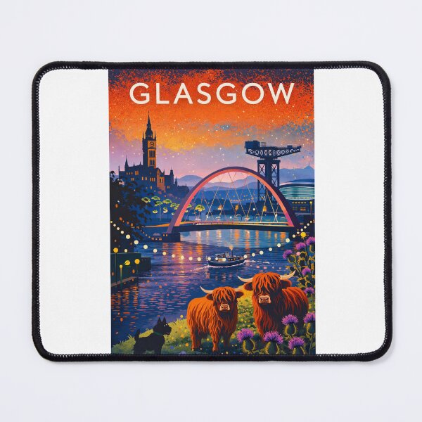 Item preview, Glasgow River Clyde Sunset with Clyde Arc, Finnieston Crane, City Chambers and Highland Cows in Scotland designed and sold by Aryabek.