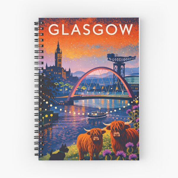Item preview, Glasgow River Clyde Sunset with Clyde Arc, Finnieston Crane, City Chambers and Highland Cows in Scotland designed and sold by Aryabek.