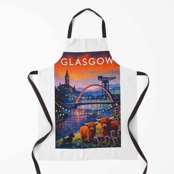 Item preview, Glasgow River Clyde Sunset with Clyde Arc, Finnieston Crane, City Chambers and Highland Cows in Scotland designed and sold by Aryabek.