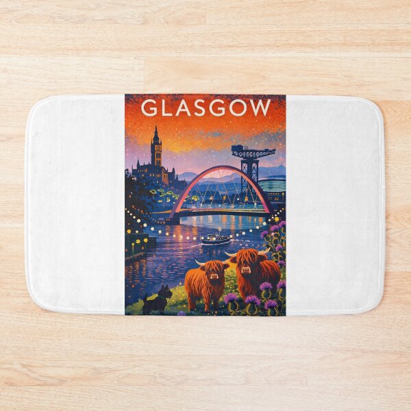 Item preview, Glasgow River Clyde Sunset with Clyde Arc, Finnieston Crane, City Chambers and Highland Cows in Scotland designed and sold by Aryabek.