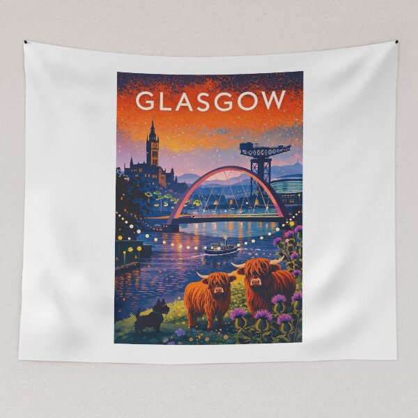 Item preview, Glasgow River Clyde Sunset with Clyde Arc, Finnieston Crane, City Chambers and Highland Cows in Scotland designed and sold by Aryabek.