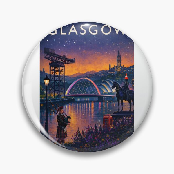 Item preview, Glasgow Night Skyline with Clyde Arc, Finnieston Crane, Duke of Wellington Statue and Bagpiper in Scotland designed and sold by Aryabek.