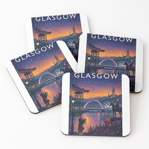 Item preview, Glasgow Night Skyline with Clyde Arc, Finnieston Crane, Duke of Wellington Statue and Bagpiper in Scotland designed and sold by Aryabek.