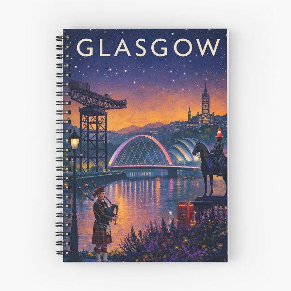 Item preview, Glasgow Night Skyline with Clyde Arc, Finnieston Crane, Duke of Wellington Statue and Bagpiper in Scotland designed and sold by Aryabek.