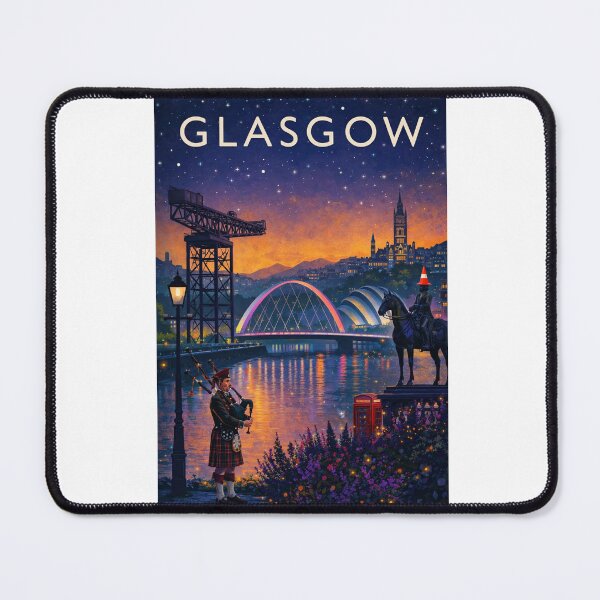 Item preview, Glasgow Night Skyline with Clyde Arc, Finnieston Crane, Duke of Wellington Statue and Bagpiper in Scotland designed and sold by Aryabek.