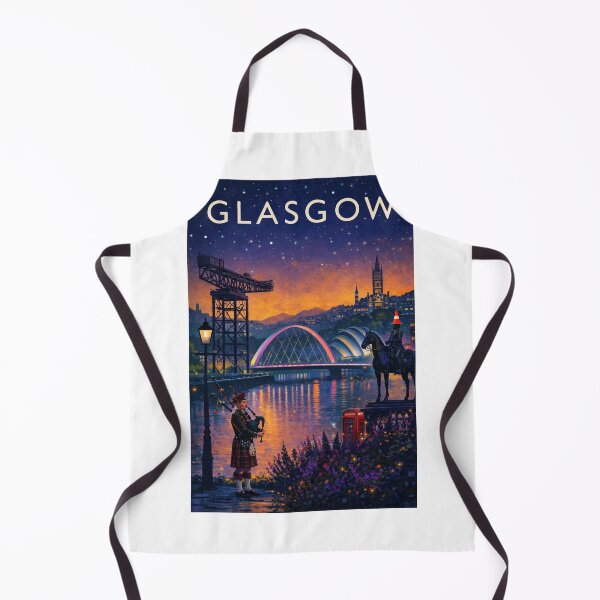 Item preview, Glasgow Night Skyline with Clyde Arc, Finnieston Crane, Duke of Wellington Statue and Bagpiper in Scotland designed and sold by Aryabek.