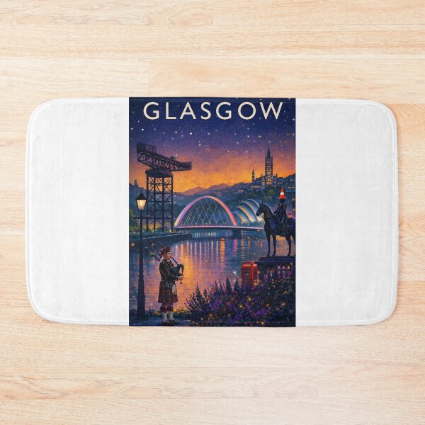 Item preview, Glasgow Night Skyline with Clyde Arc, Finnieston Crane, Duke of Wellington Statue and Bagpiper in Scotland designed and sold by Aryabek.