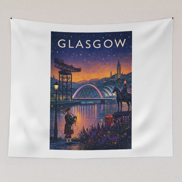 Item preview, Glasgow Night Skyline with Clyde Arc, Finnieston Crane, Duke of Wellington Statue and Bagpiper in Scotland designed and sold by Aryabek.