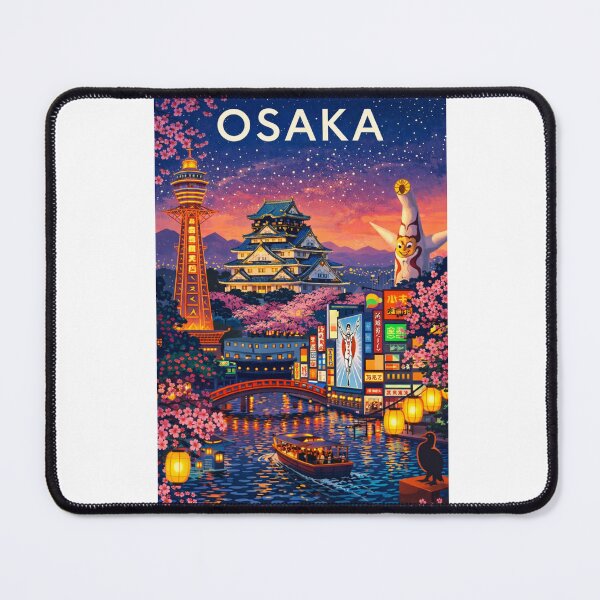Item preview, Osaka Nightscape with Osaka Castle, Tsutenkaku Tower, Dotonbori and Cherry Blossoms in Japan designed and sold by Aryabek.