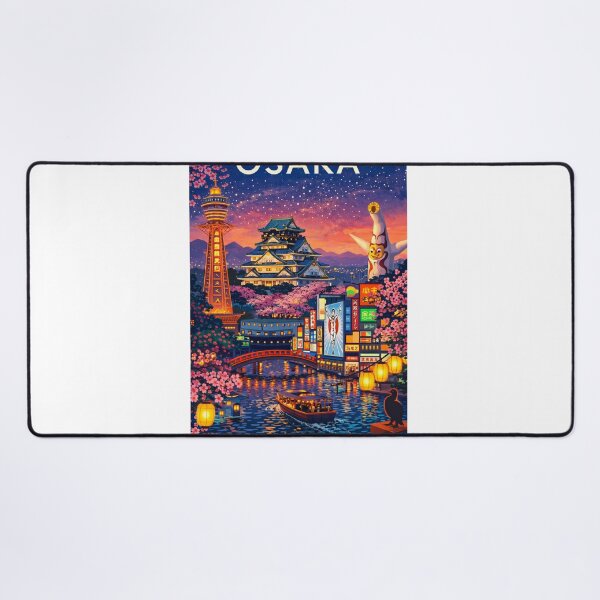 Item preview, Osaka Nightscape with Osaka Castle, Tsutenkaku Tower, Dotonbori and Cherry Blossoms in Japan designed and sold by Aryabek.