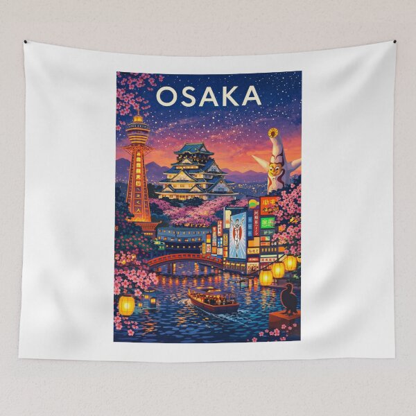 Item preview, Osaka Nightscape with Osaka Castle, Tsutenkaku Tower, Dotonbori and Cherry Blossoms in Japan designed and sold by Aryabek.