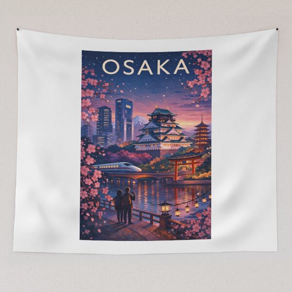 Item preview, Osaka Evening View with Osaka Castle, Cherry Blossoms, Shinkansen and Mount Fuji in Japan designed and sold by Aryabek.