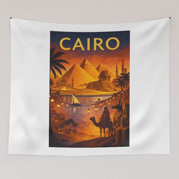Item preview, Cairo Nightscape with Pyramids of Giza, Great Sphinx, Felucca and Ancient Temples in Egypt designed and sold by Aryabek.