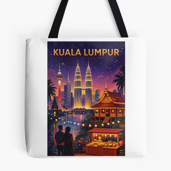 Item preview, Kuala Lumpur Night View with Petronas Towers, KL Tower, Kampung House and Street Food Stall in Malaysia designed and sold by Aryabek.
