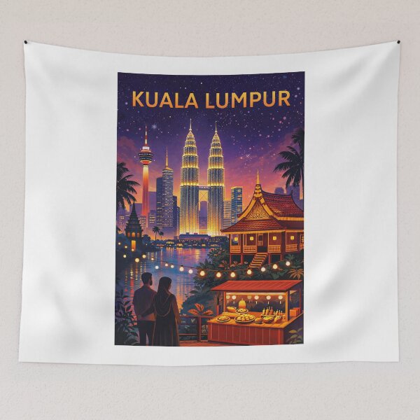 Item preview, Kuala Lumpur Night View with Petronas Towers, KL Tower, Kampung House and Street Food Stall in Malaysia designed and sold by Aryabek.