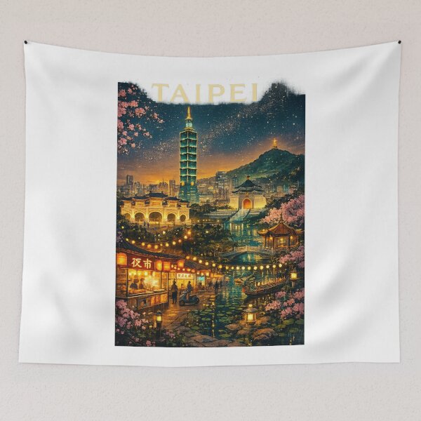 Item preview, Taipei Skyline at Night with Taipei 101, Chiang Kai-shek Memorial Hall, and Shilin Night Market in Taiwan designed and sold by Aryabek.