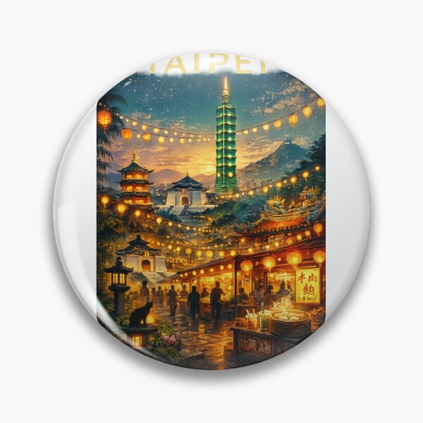 Artikelvorschau, Blick auf den Abendmarkt von Taipeh mit Taipei 101, Laternen, der Chiang-Kai-shek-Gedächtnishalle und dem Daan-Distrikt in Taiwan entworfen und verkauft von Aryabek.
