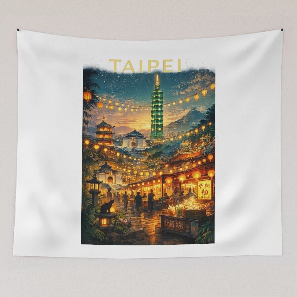 Item preview, Taipei Evening Market View with Taipei 101, Lanterns, Chiang Kai-shek Memorial Hall, and Daan District in Taiwan designed and sold by Aryabek.