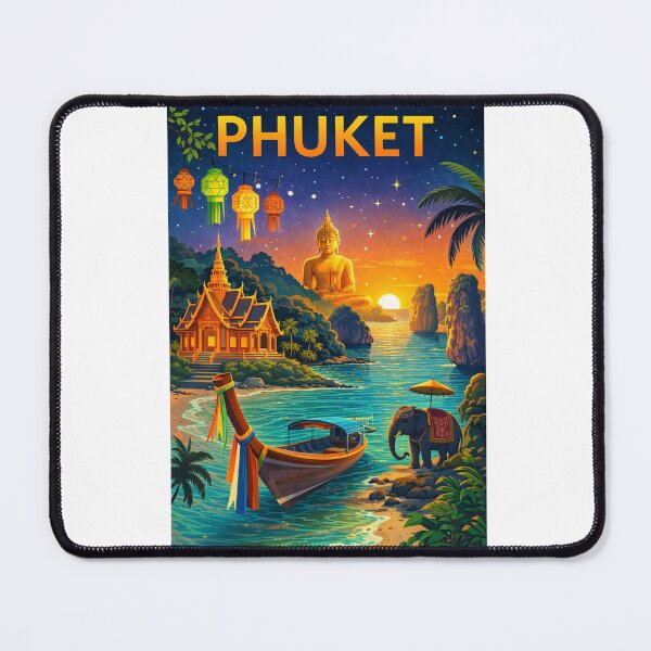 Item preview, Phuket Beach Sunset with Big Buddha, Traditional Longtail Boat, and Thai Temple in Thailand designed and sold by Aryabek.