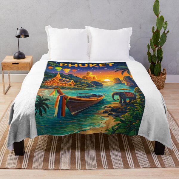 Item preview, Phuket Beach Sunset with Big Buddha, Traditional Longtail Boat, and Thai Temple in Thailand designed and sold by Aryabek.