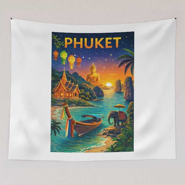 Item preview, Phuket Beach Sunset with Big Buddha, Traditional Longtail Boat, and Thai Temple in Thailand designed and sold by Aryabek.