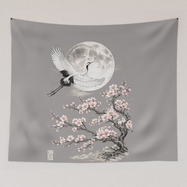 Item preview, Moon and Crane Japanese black and white trees art. designed and sold by Natart1004.