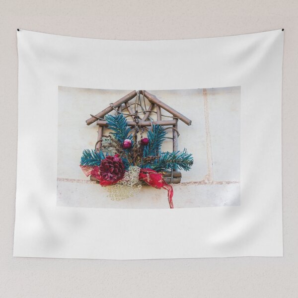 Item preview, Natural Christmas Wreath With Pine Sprigs, Pinecone, and Red Ribbon on Rustic Wooden Frame designed and sold by Nmallia.