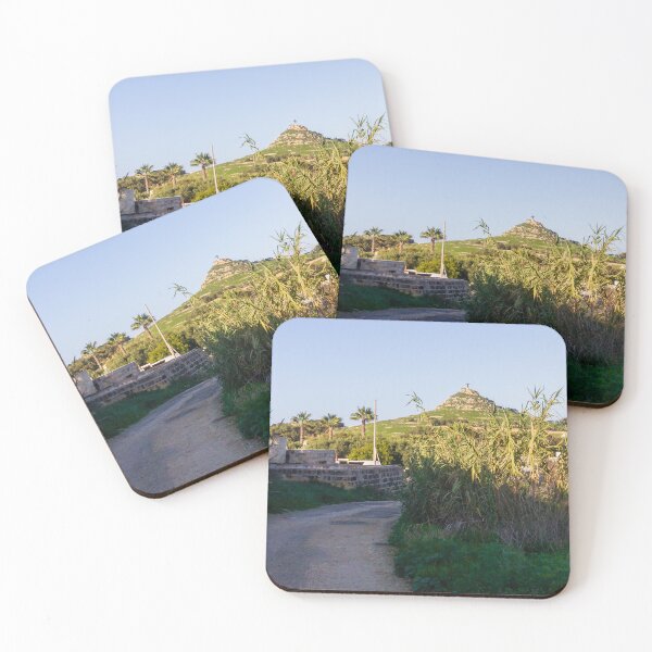 Item preview, Sunny Rural Path Toward Hilltop Cross Statue Over Green Hills and Palm Trees designed and sold by Nmallia.