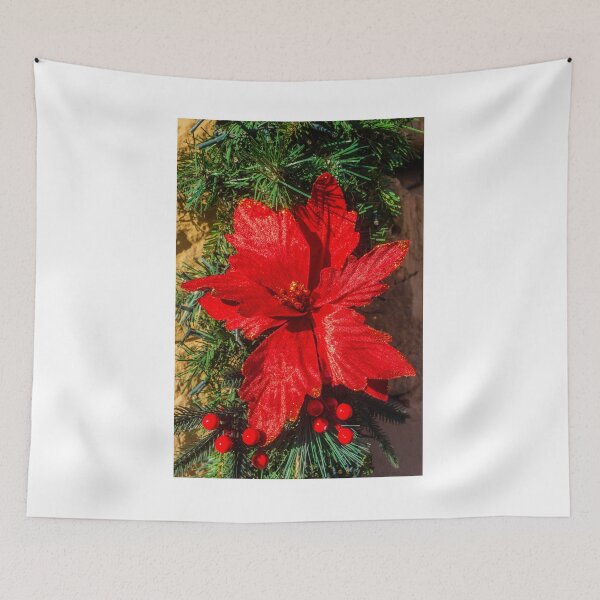 Item preview, Glittering Red Poinsettia Decoration Amid Pine Garlands and Bright Red Berries for Christmas designed and sold by Nmallia.